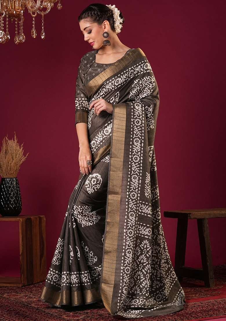 Brown Printed Silk Blend Saree Set - Indya