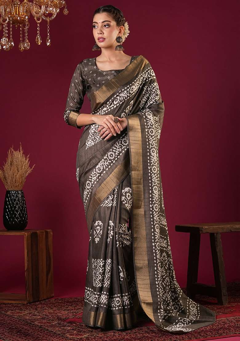 Brown Printed Silk Blend Saree Set - Indya