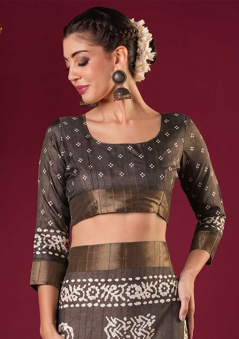 Brown Printed Silk Blend Saree Set - Indya