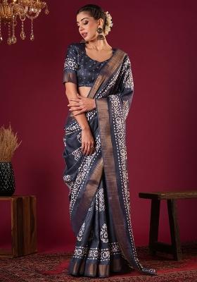 Grey Printed Silk Blend Saree Set