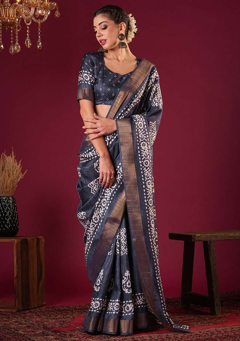 Grey Printed Silk Blend Saree Set - Indya