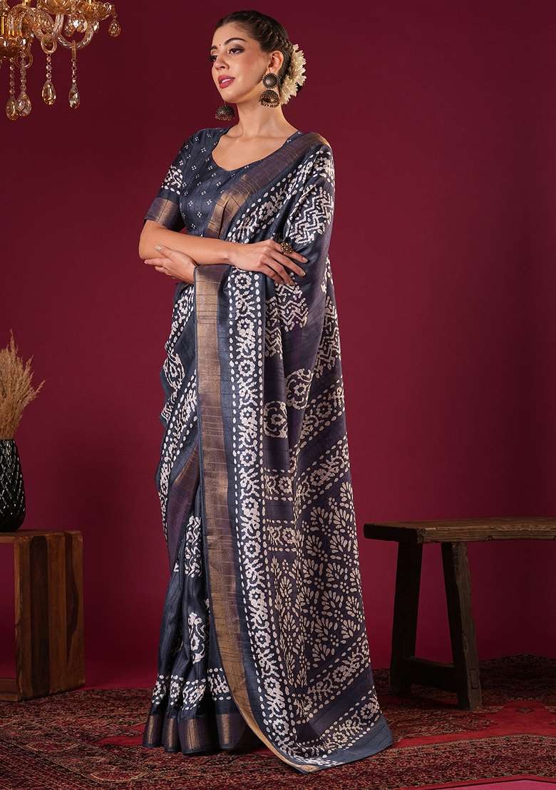 Grey Printed Silk Blend Saree Set - Indya