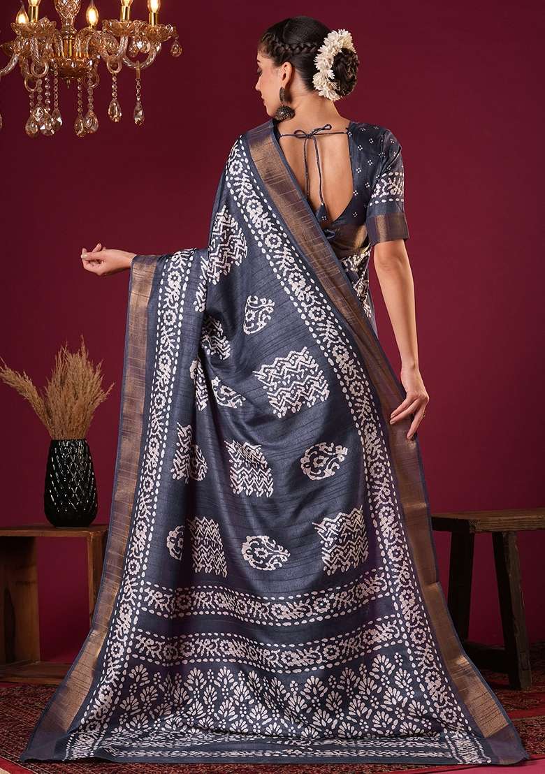 Grey Printed Silk Blend Saree Set - Indya
