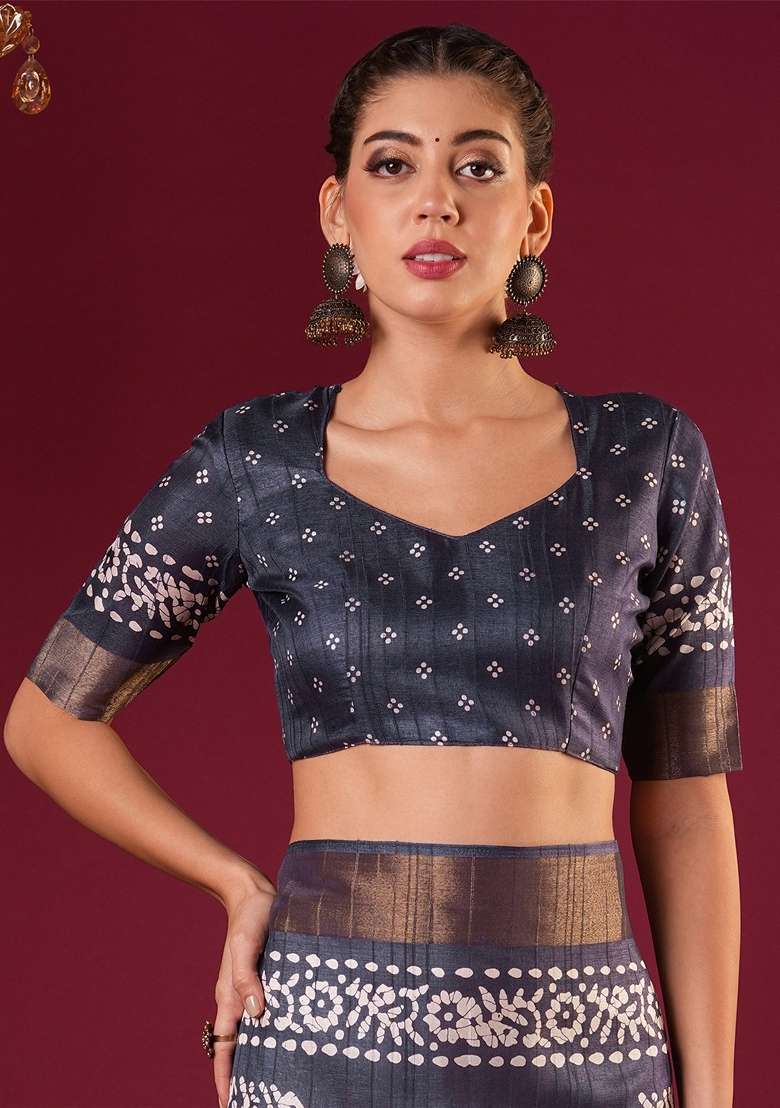 Grey Printed Silk Blend Saree Set - Indya