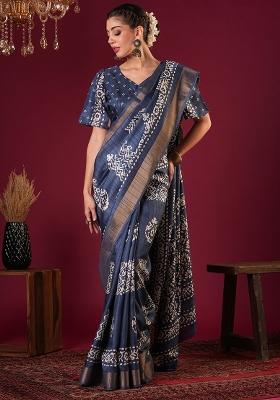 Teal Blue Printed Silk Blend Saree Set