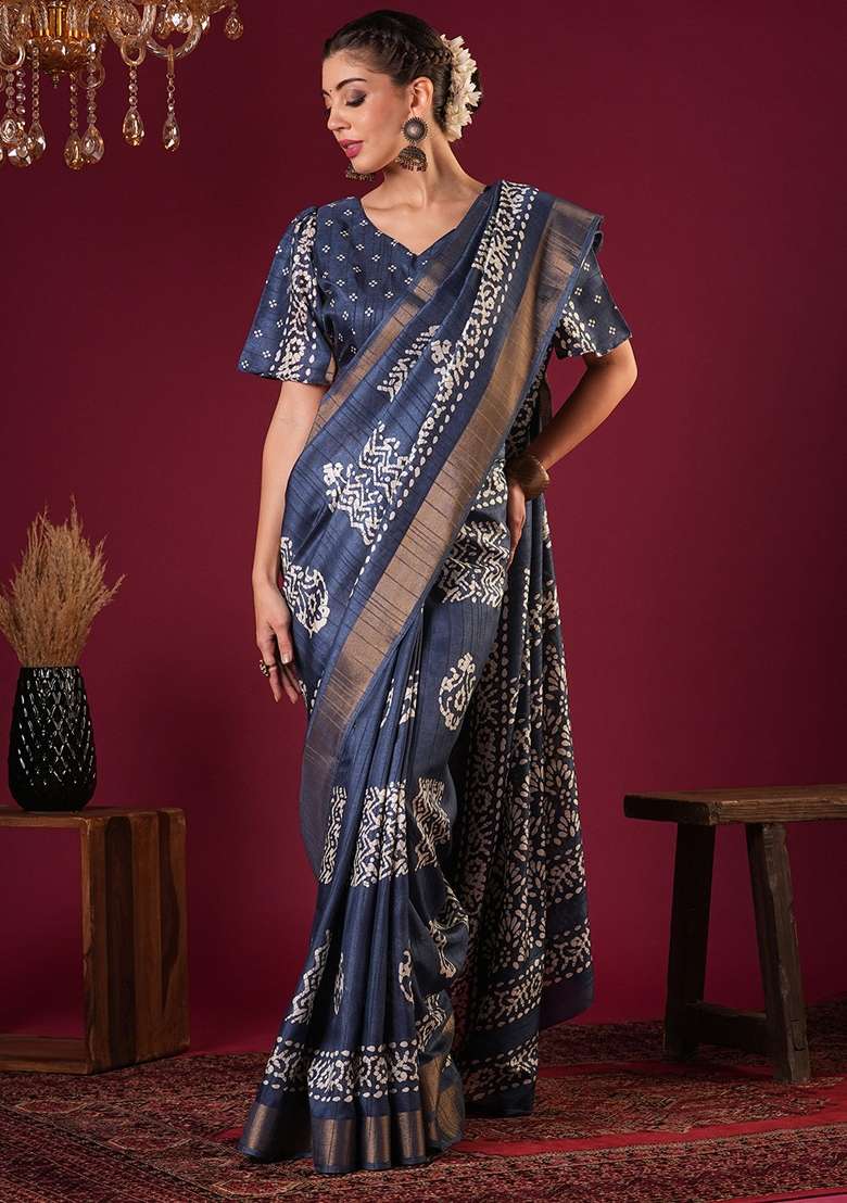 Teal Blue Printed Silk Blend Saree Set - Indya