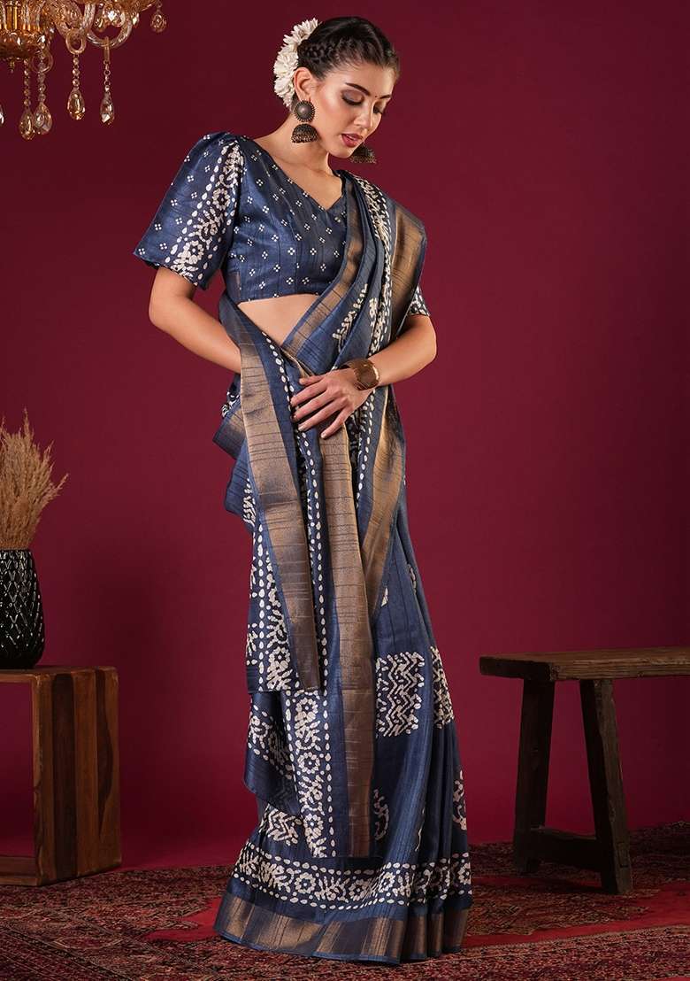 Teal Blue Printed Silk Blend Saree Set - Indya