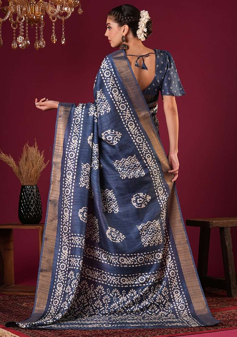 Teal Blue Printed Silk Blend Saree Set - Indya