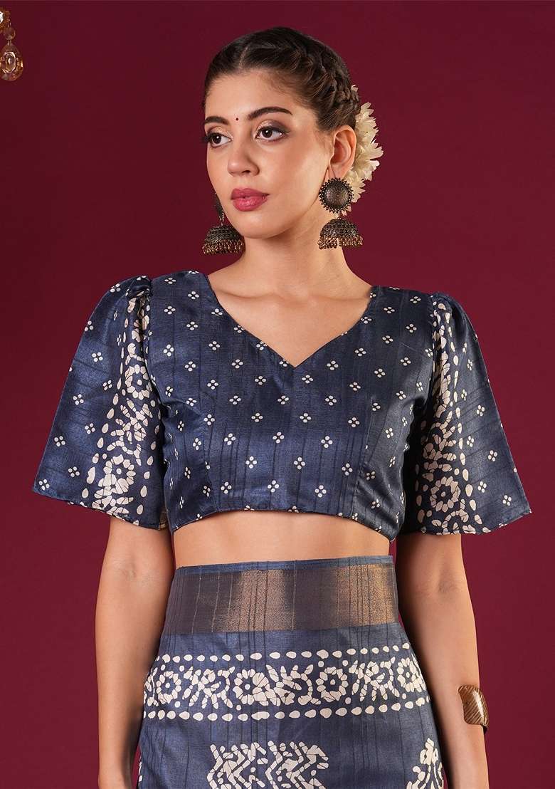 Teal Blue Printed Silk Blend Saree Set - Indya