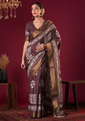 Burgundy Printed Silk Blend Saree Set