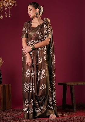 Rust Printed Silk Blend Saree Set