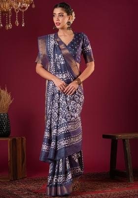 Violet Printed Silk Blend Saree Set