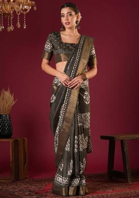 Olive Printed Silk Blend Saree Set