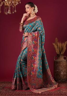 Light Blue Printed Viscose Silk Saree Set