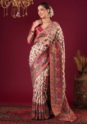 Cream Printed Viscose Silk Saree Set