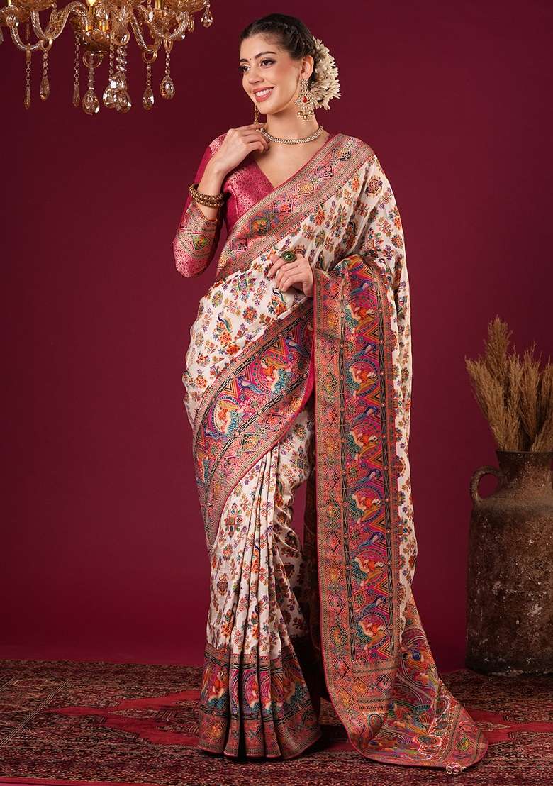 Cream Printed Viscose Silk Blend Saree Set - Indya