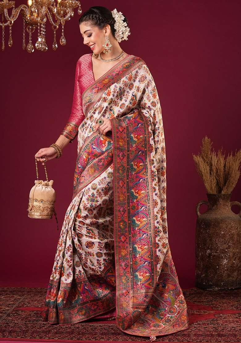 Cream Printed Viscose Silk Blend Saree Set - Indya