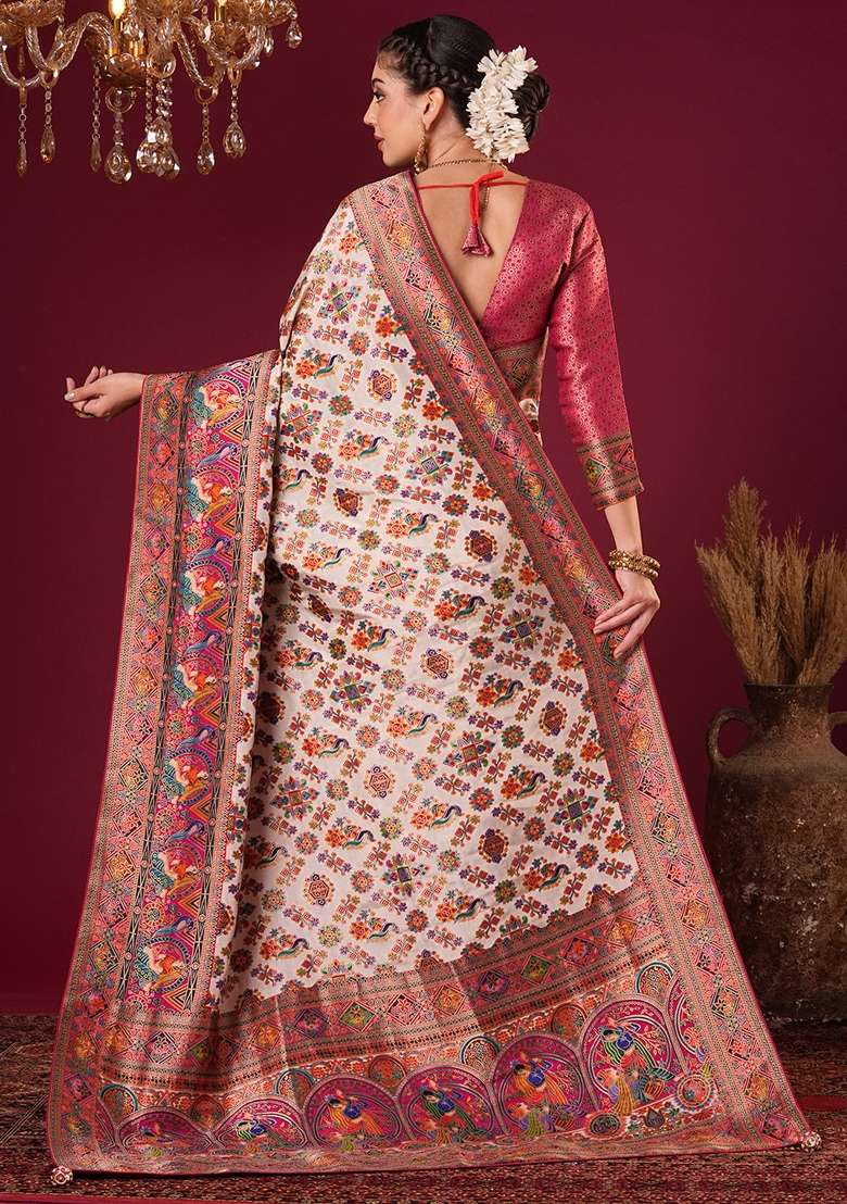 Cream Printed Viscose Silk Blend Saree Set - Indya