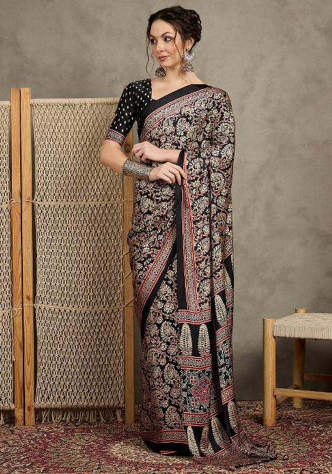 Black Printed Pure Crepe Saree Set