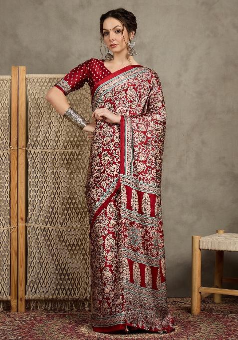 Red Printed Pure Crepe Saree Set — view on Indya