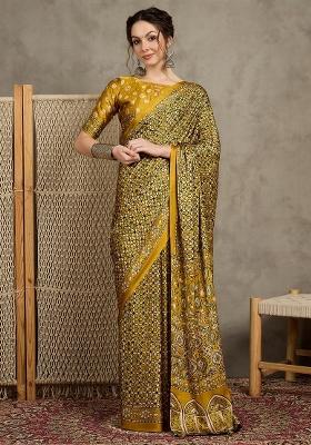 Mustard Printed Pure Crepe Saree Set