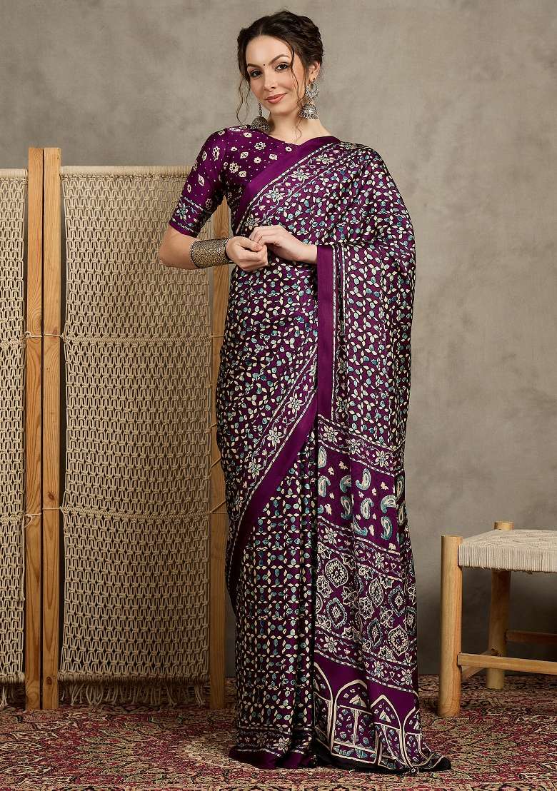 Magenta Printed Pure Crepe Saree Set - Indya
