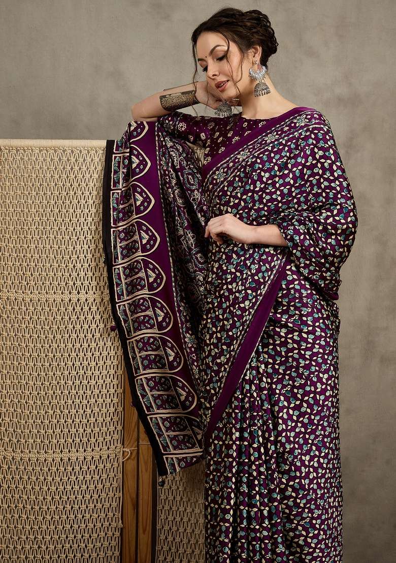 Magenta Printed Pure Crepe Saree Set - Indya