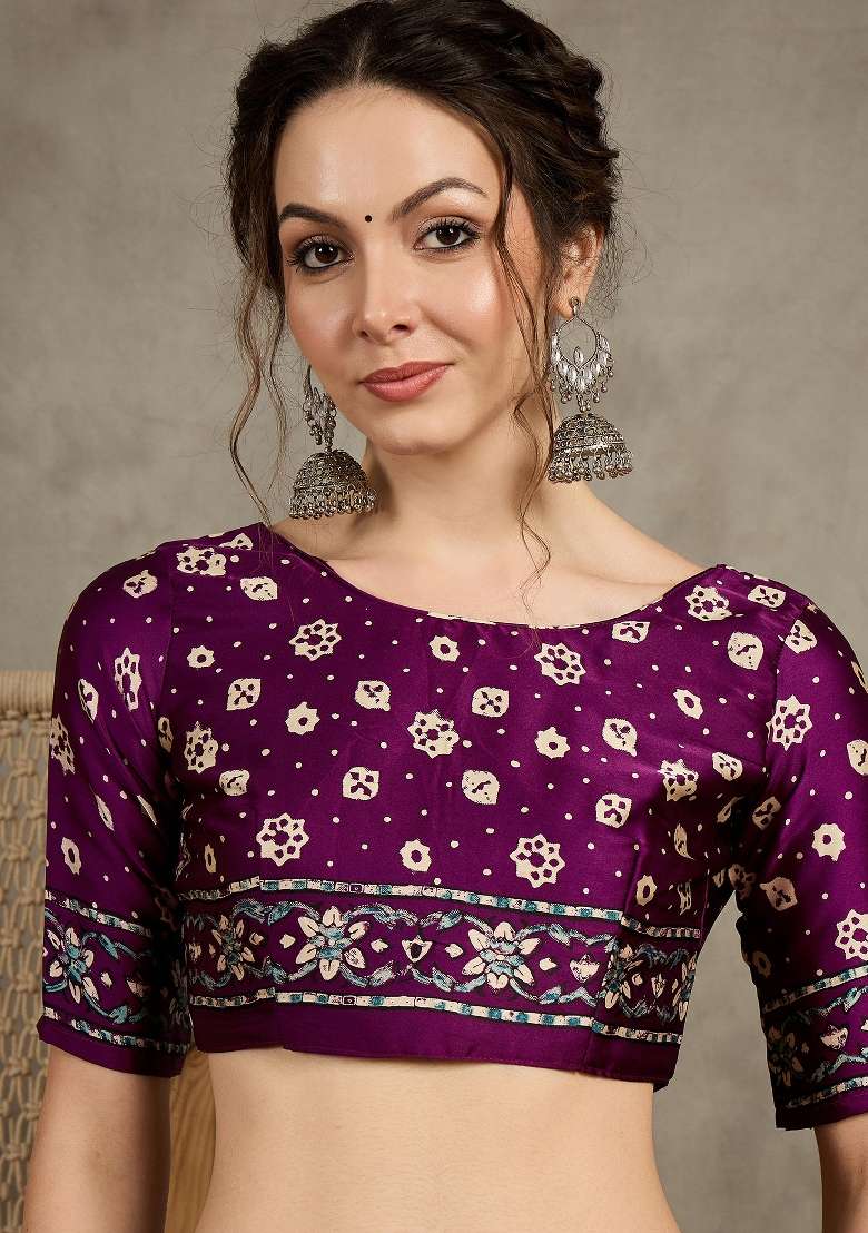 Magenta Printed Pure Crepe Saree Set - Indya