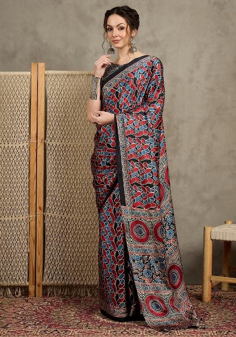 Black Printed Pure Crepe Saree Set — view on Indya