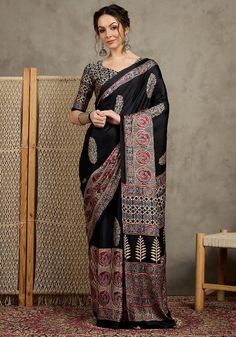 Black Printed Pure Crepe Saree Set