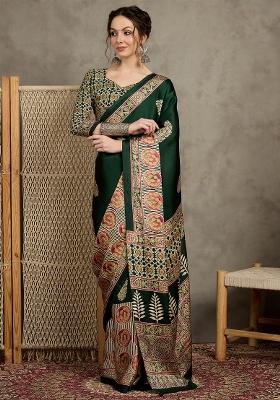 Green Printed Pure Crepe Saree Set