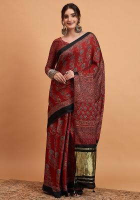 Maroon Printed Viscose Silk Saree Set