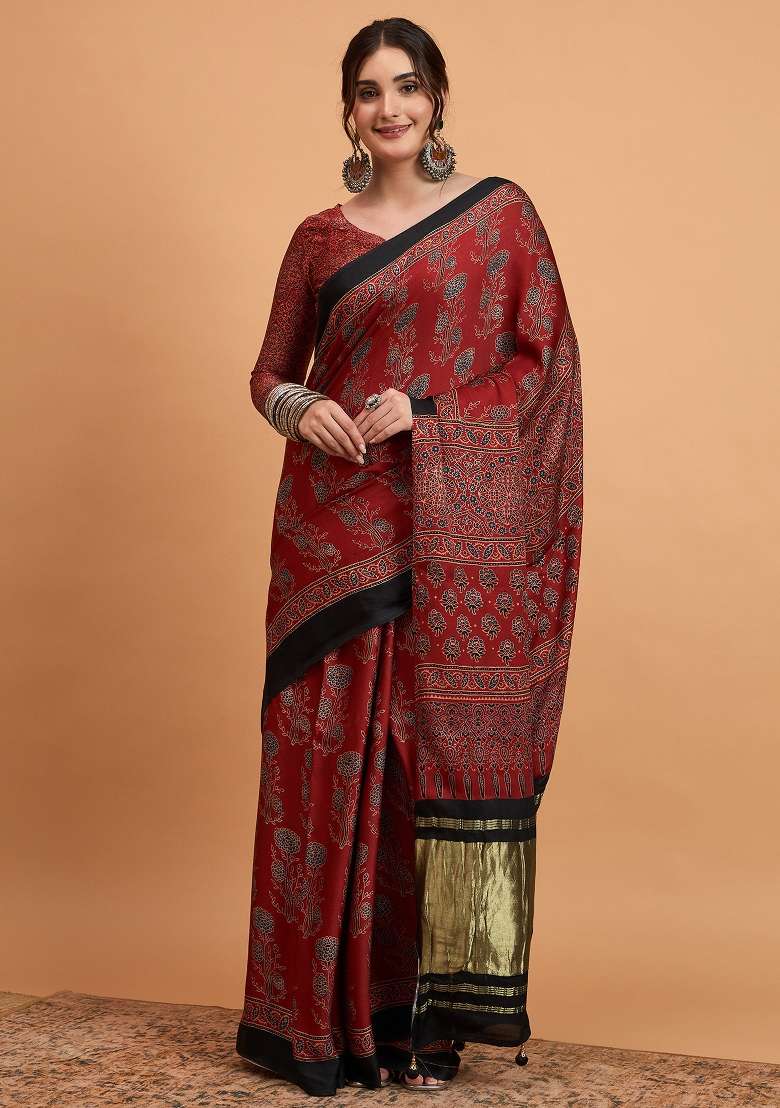 Maroon Printed Viscose Silk Saree Set - Indya
