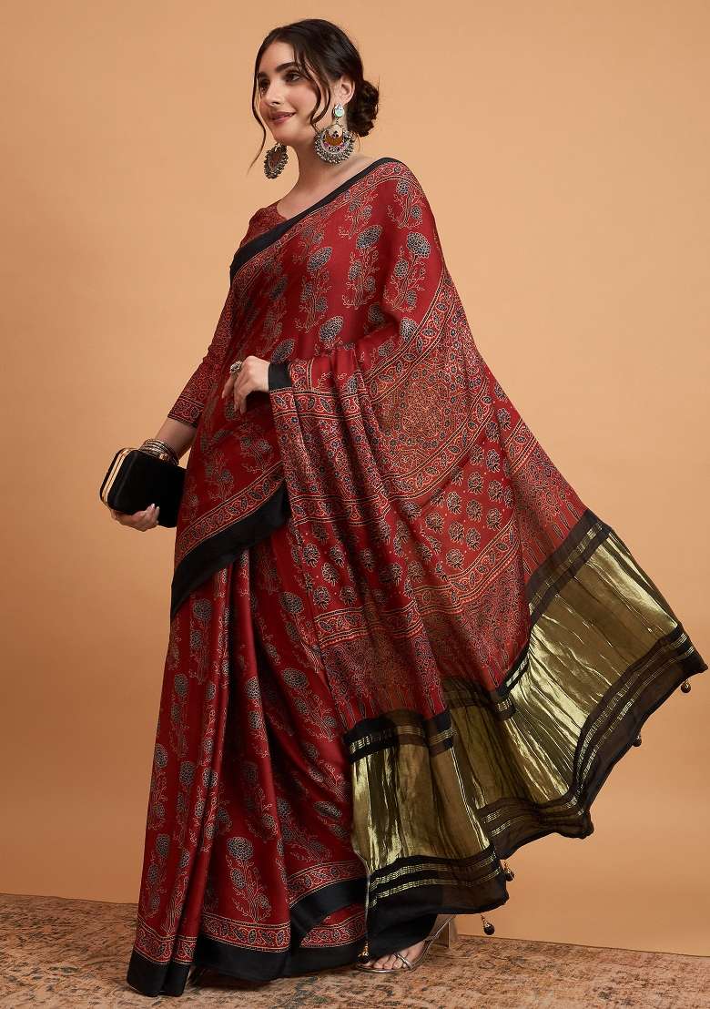 Maroon Printed Viscose Silk Saree Set - Indya