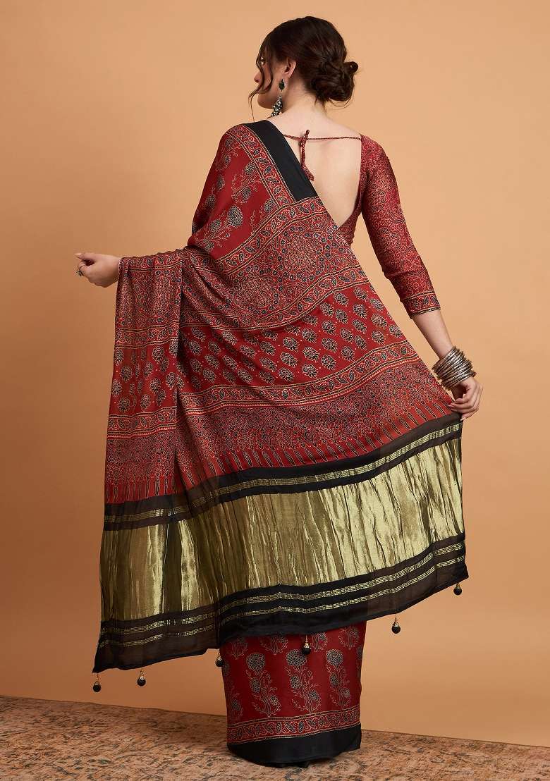 Maroon Printed Viscose Silk Saree Set - Indya