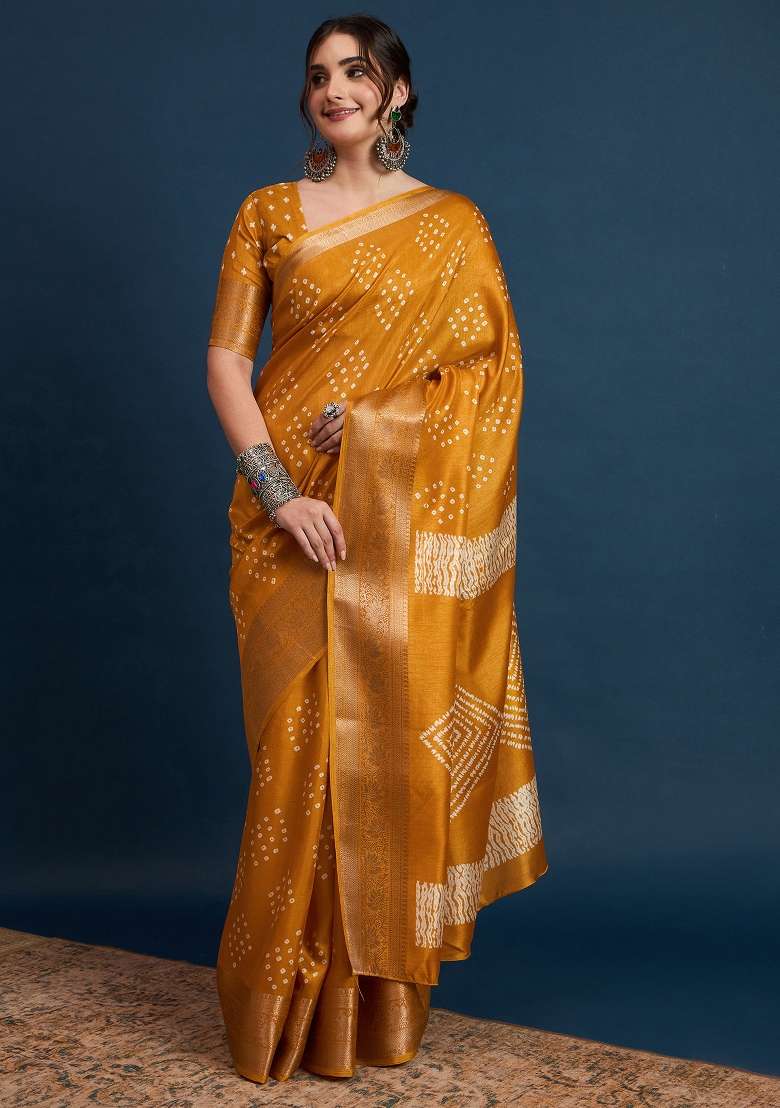 Mustard Printed Silk Blend Saree Set - Indya
