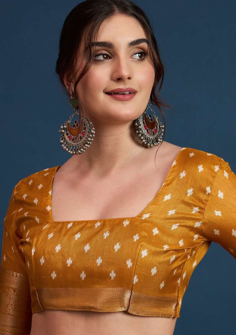 Mustard Printed Silk Blend Saree Set - Indya