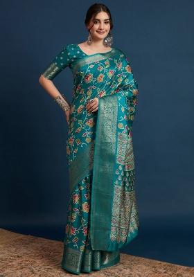 Light Blue Printed Silk Blend Saree Set