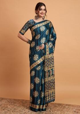 Teal Blue Printed Pure Crepe Saree Set