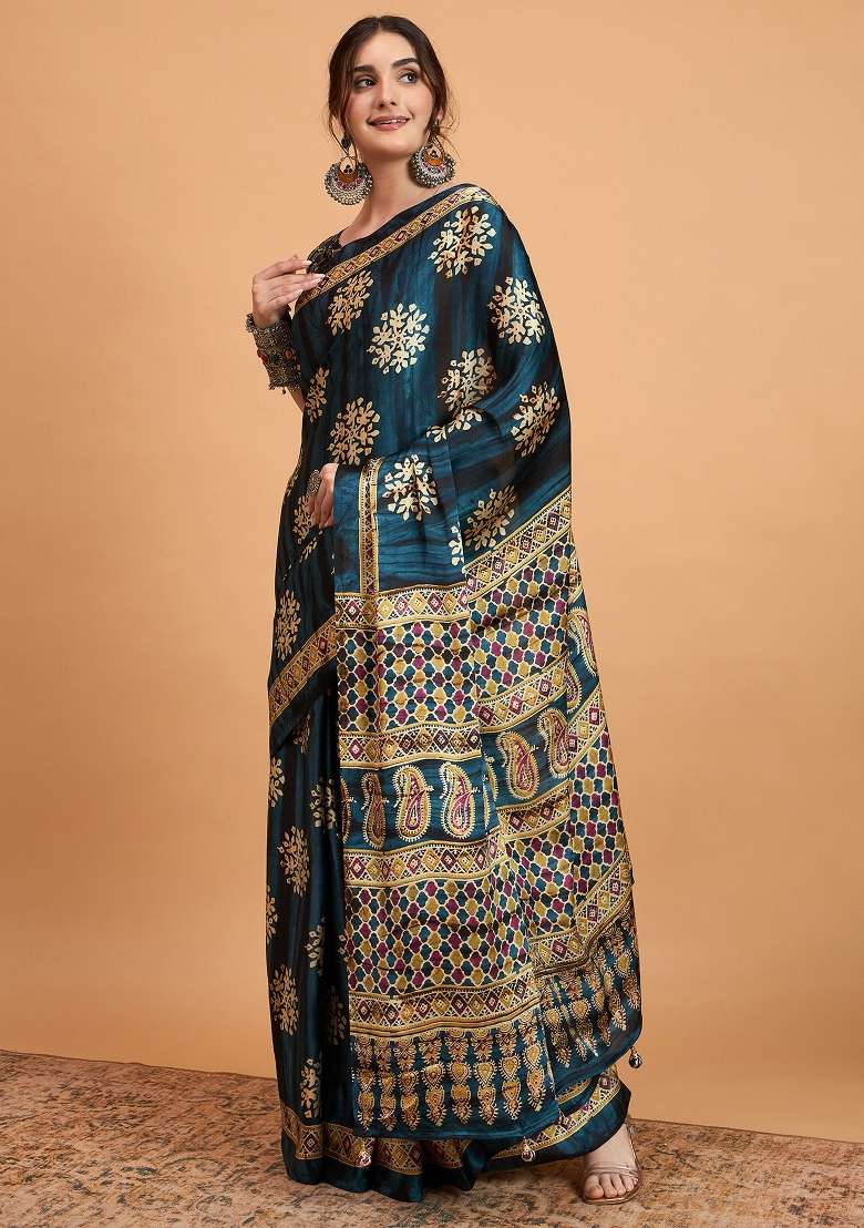 Teal Blue Printed Pure Crepe Saree Set - Indya