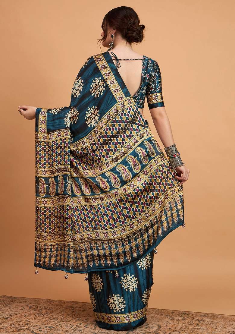 Teal Blue Printed Pure Crepe Saree Set - Indya