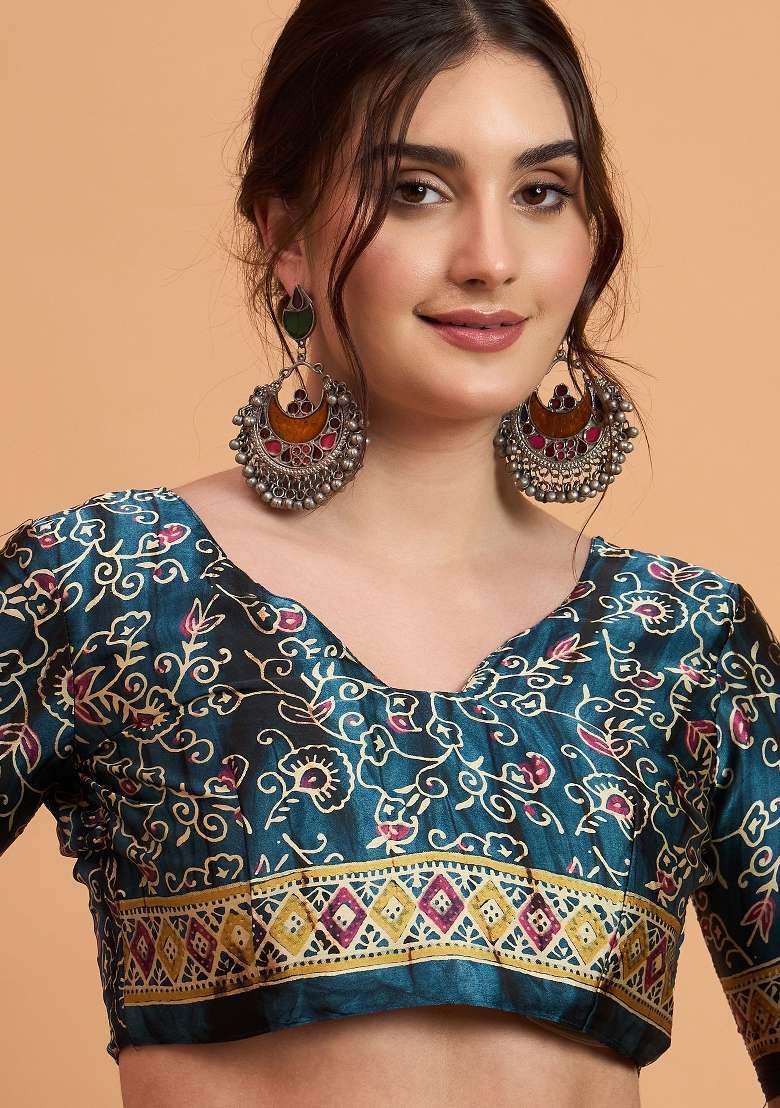 Teal Blue Printed Pure Crepe Saree Set - Indya