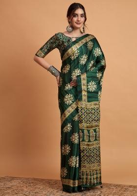 Green Printed Pure Crepe Saree Set