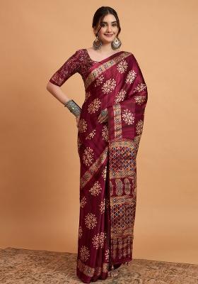 Magenta Printed Pure Crepe Saree Set