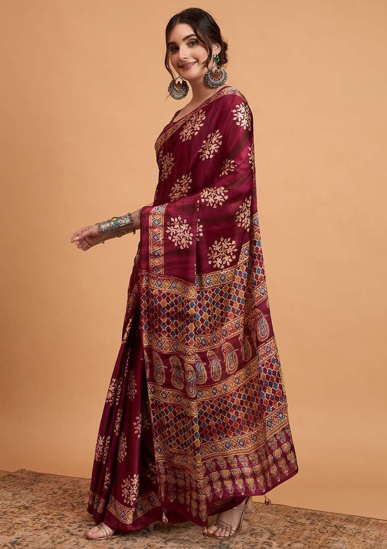 Magenta Printed Pure Crepe Saree Set - Indya