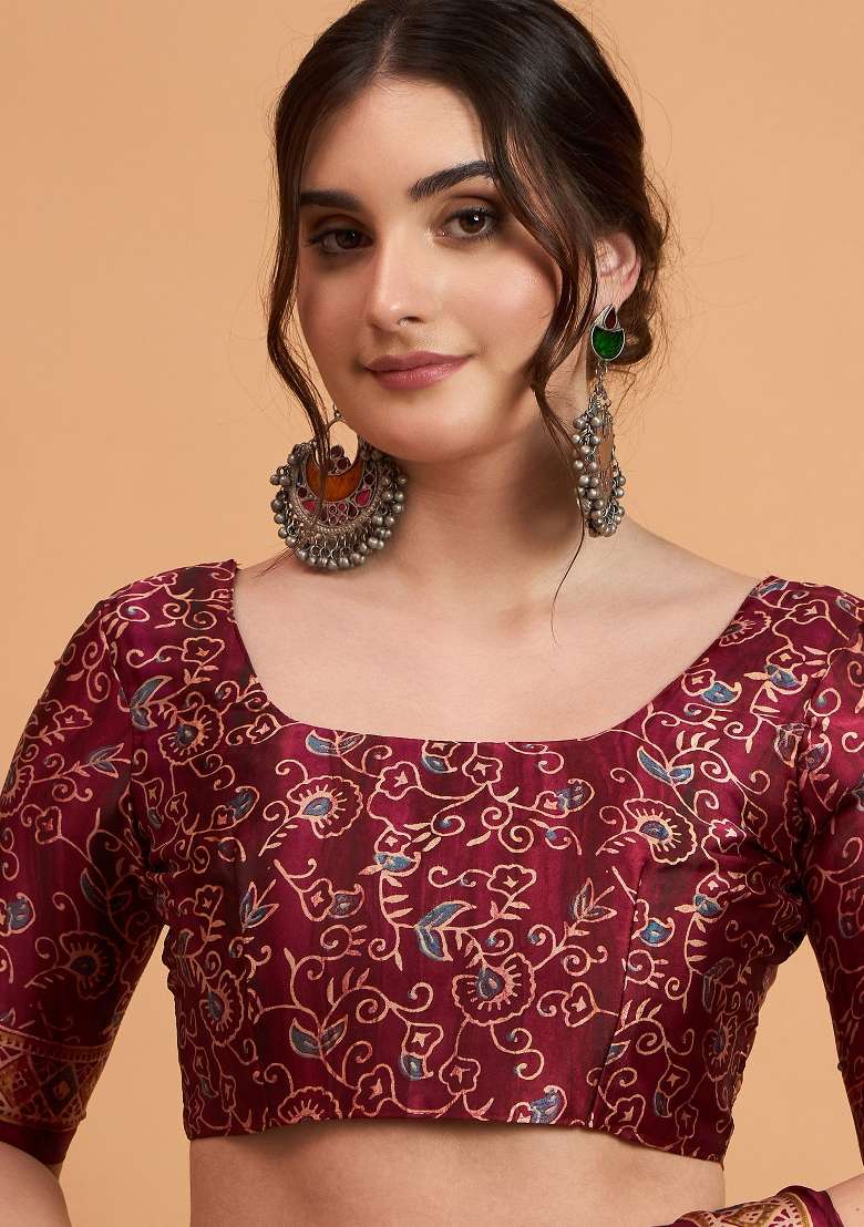 Magenta Printed Pure Crepe Saree Set - Indya