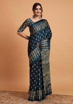 Teal Blue Printed Pure Crepe Saree Set