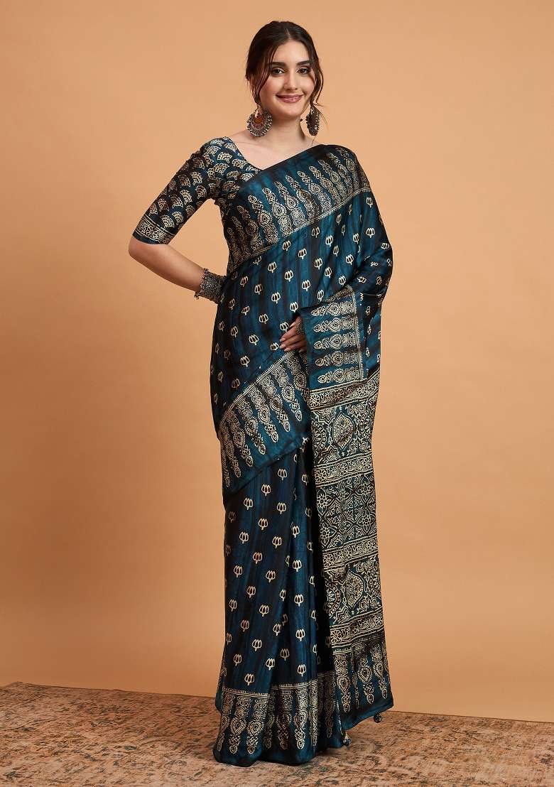 Teal Blue Printed Pure Crepe Saree Set - Indya