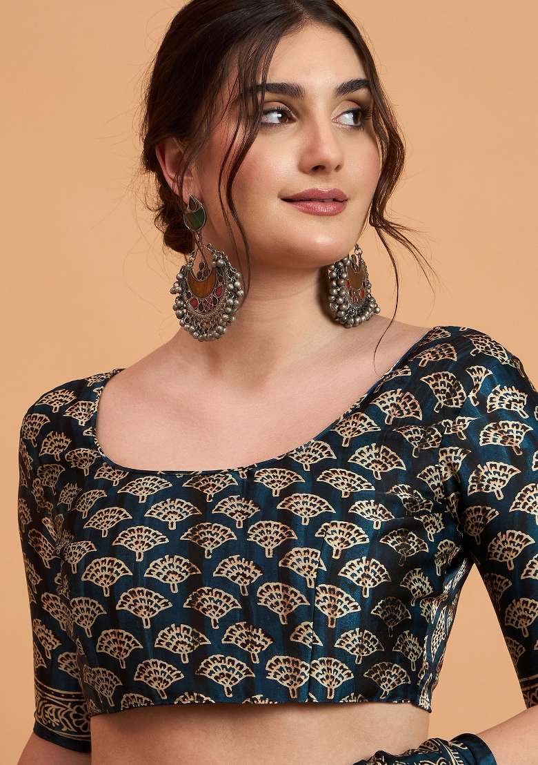 Teal Blue Printed Pure Crepe Saree Set - Indya