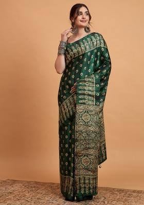 Green Printed Pure Crepe Saree Set